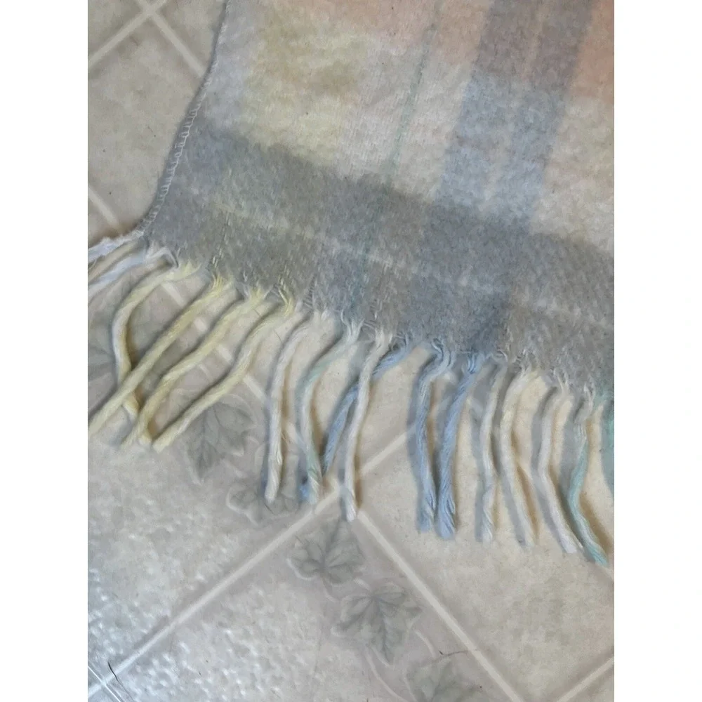 Vintage Beacon Pastel Pram Baby Crib Blanket Plaid Fringe Acrylic Woven Made USA